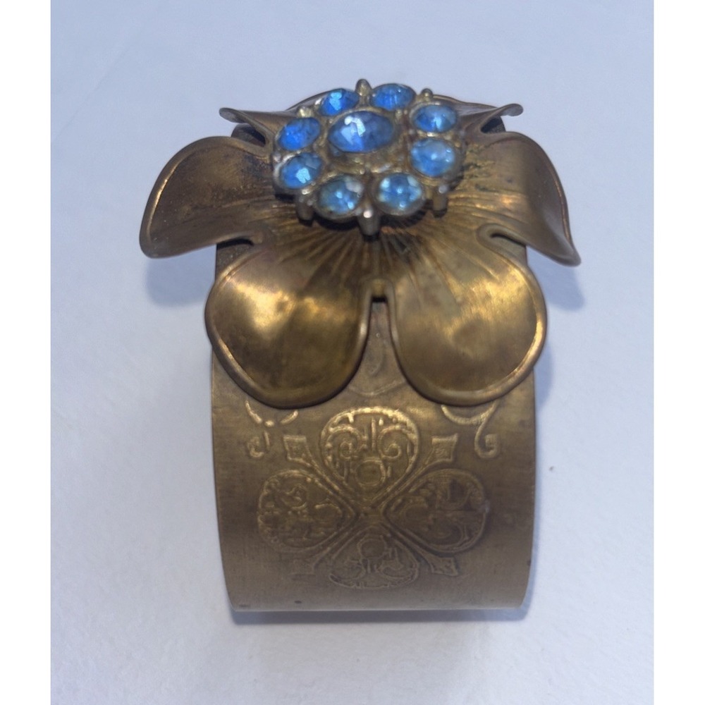 Cuff Bracelet Brass Embellished with Blue Rhinestones 1 1/4" Wide